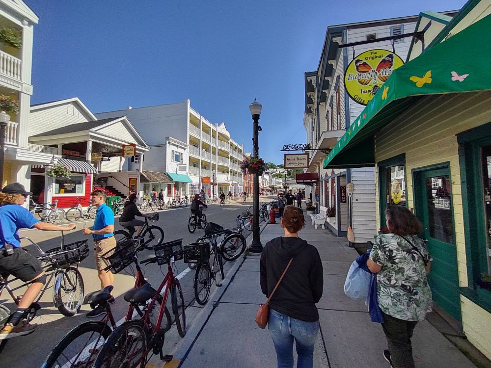 Looking down a street.